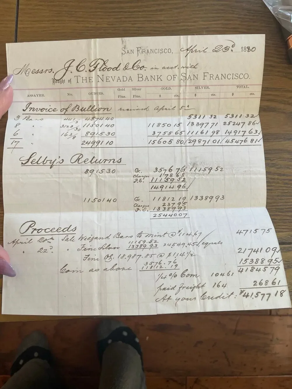 1880 J.C. Flood Nevada Bank San Francisco Bullion Mining Statement Comstock
